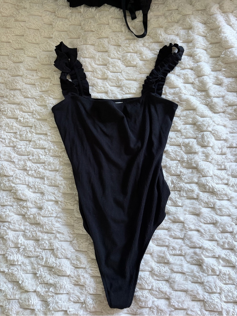 Sunday Best Black Ribbed One-Piece Swimsuit with Ruffled Straps